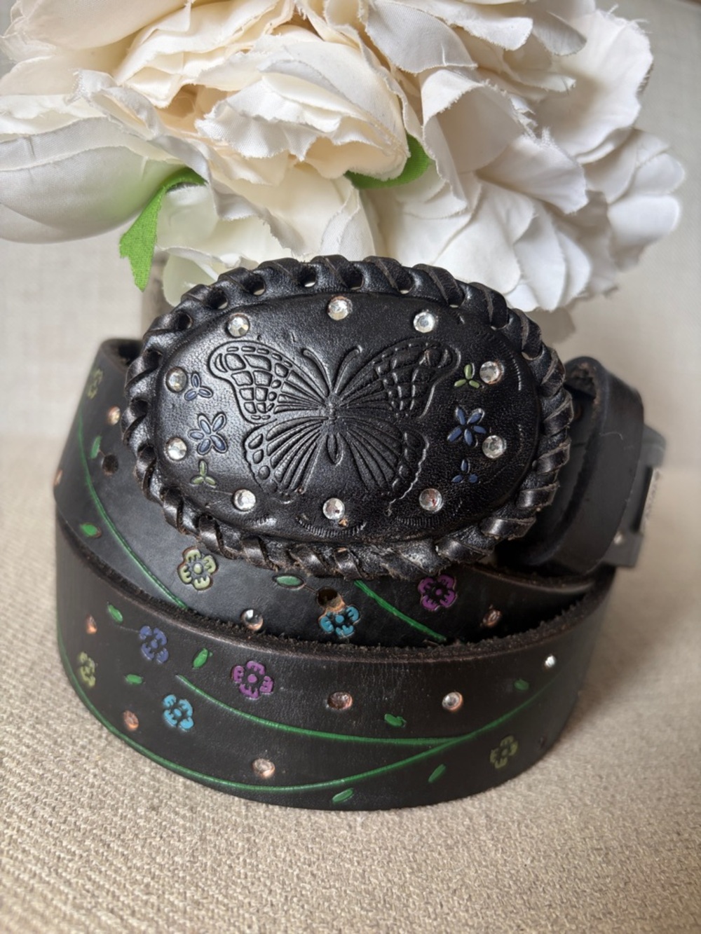 Ariat Size 34/85 Black Leather Floral Embossed Belt with Butterfly Buckle RARE